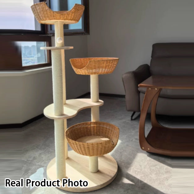 Modern Simplicity Rubberwood &amp; Eucalyptus Wood Faux Rattan Weaving Space-Saving 4-Tier Cat Tree &amp; Condo For Living Room