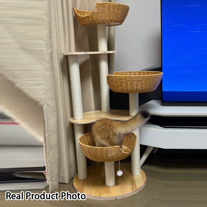 Modern Simplicity Rubberwood &amp; Eucalyptus Wood Faux Rattan Weaving Space-Saving 4-Tier Cat Tree &amp; Condo For Living Room