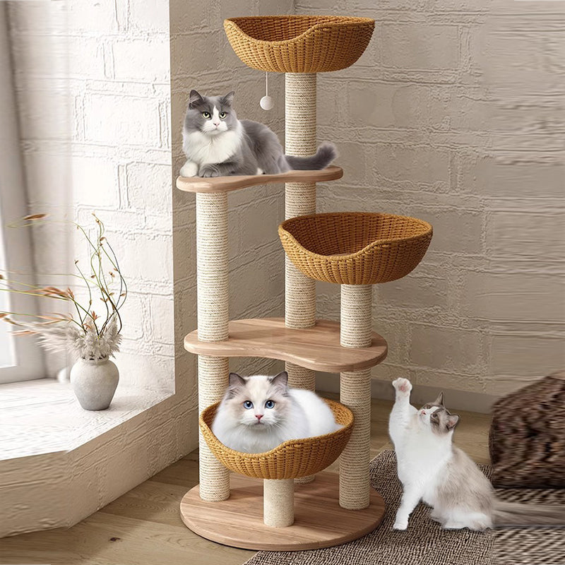 Modern Simplicity Rubberwood &amp; Eucalyptus Wood Faux Rattan Weaving Space-Saving 4-Tier Cat Tree &amp; Condo For Living Room