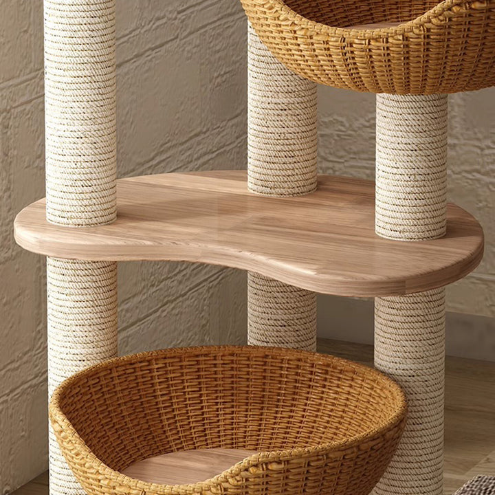 Modern Simplicity Rubberwood &amp; Eucalyptus Wood Faux Rattan Weaving Space-Saving 4-Tier Cat Tree &amp; Condo For Living Room