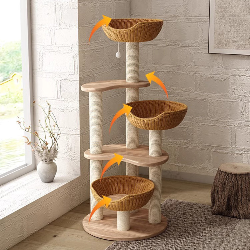 Modern Simplicity Rubberwood &amp; Eucalyptus Wood Faux Rattan Weaving Space-Saving 4-Tier Cat Tree &amp; Condo For Living Room
