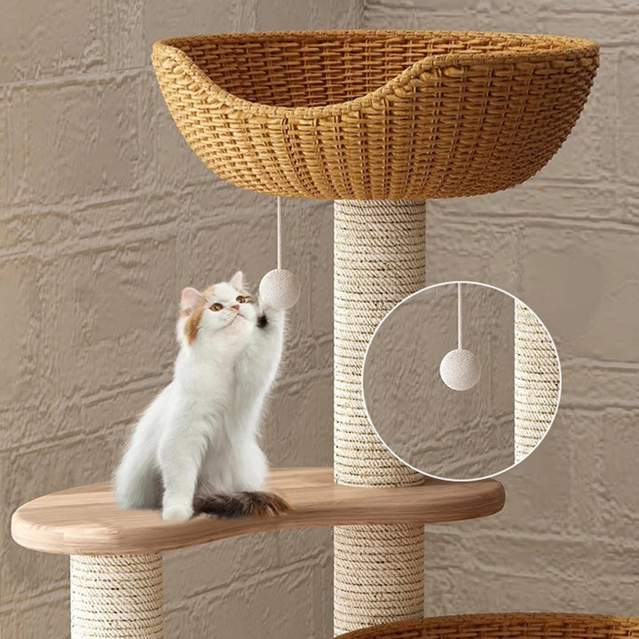 Modern Simplicity Rubberwood &amp; Eucalyptus Wood Faux Rattan Weaving Space-Saving 4-Tier Cat Tree &amp; Condo For Living Room