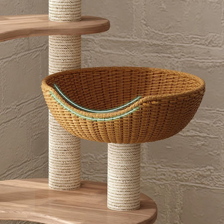 Modern Simplicity Rubberwood &amp; Eucalyptus Wood Faux Rattan Weaving Space-Saving 4-Tier Cat Tree &amp; Condo For Living Room
