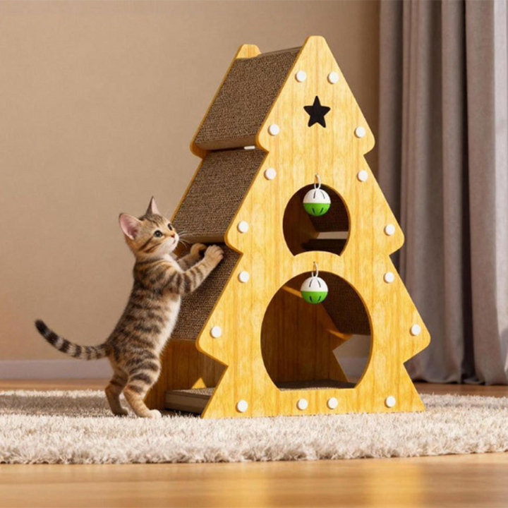 Modern Simplicity Decorative Corrugated Cardboard MDF Christmas Tree Shaped Cat Scratching Post For Living Room