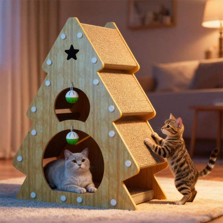 Modern Simplicity Decorative Corrugated Cardboard MDF Christmas Tree Shaped Cat Scratching Post For Living Room