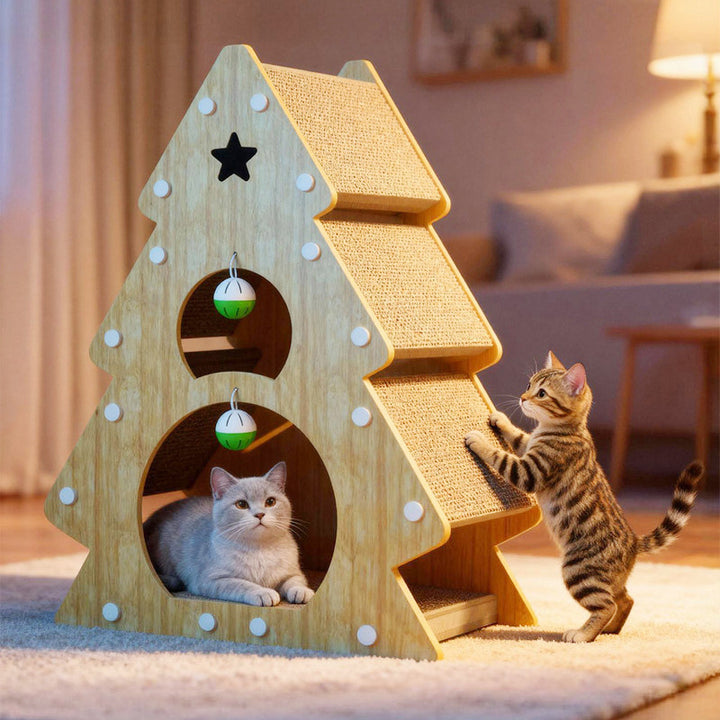 Modern Simplicity Decorative Corrugated Cardboard MDF Christmas Tree Shaped Cat Scratching Post For Living Room