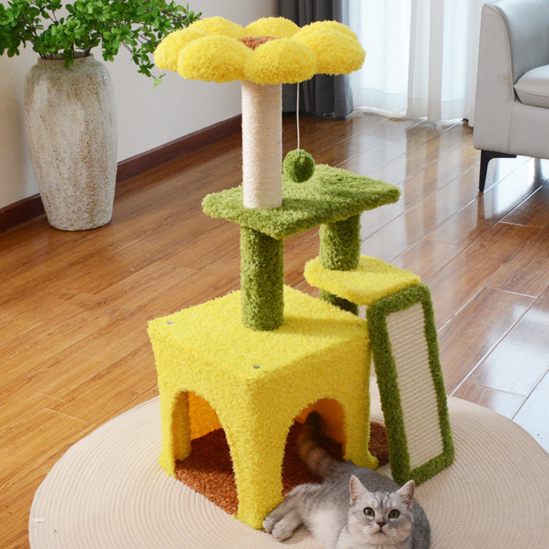 Modern Simplicity Teddy Fleece Particleboard Paper Tube Decorative With Sisal Scratching Post 3-Tier Cat Tree &amp; Condo For Living Room