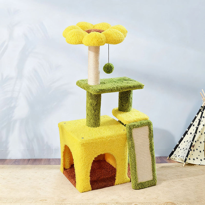 Modern Simplicity Teddy Fleece Particleboard Paper Tube Decorative With Sisal Scratching Post 3-Tier Cat Tree &amp; Condo For Living Room