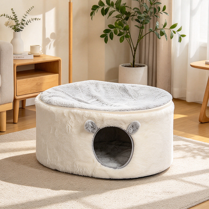 Contemporary Nordic Faux Rabbit Fur Plush Fabric Velvet Foam Sponge Steel Tube Decorative Oval Cat Bed For Living Room