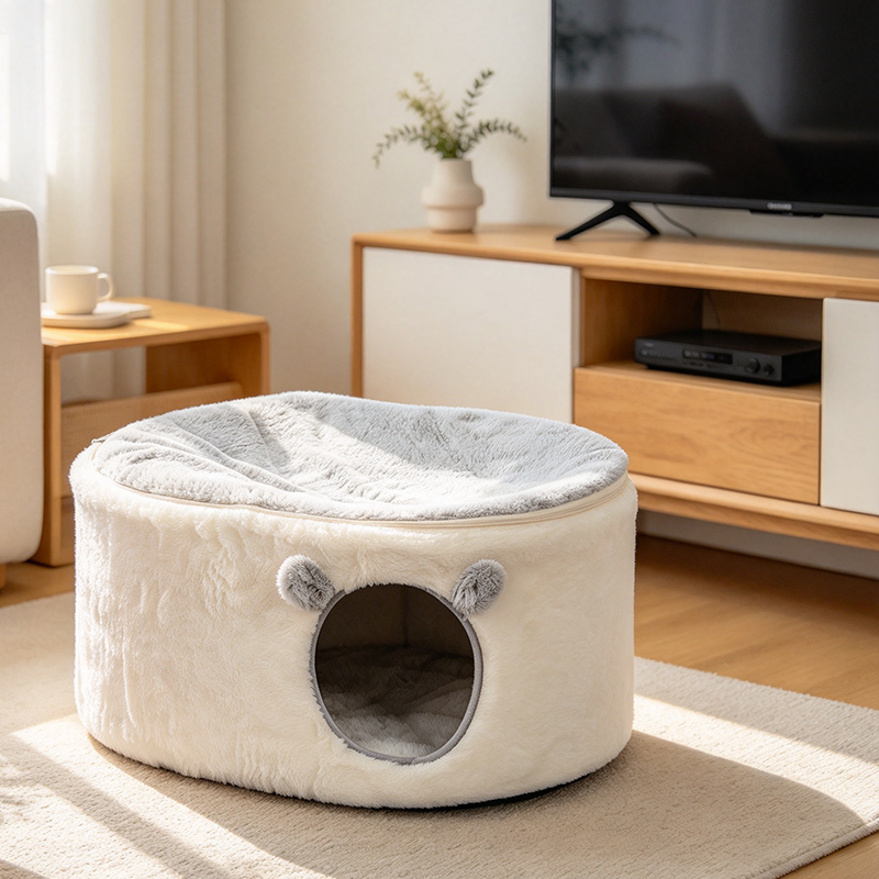 Contemporary Nordic Faux Rabbit Fur Plush Fabric Velvet Foam Sponge Steel Tube Decorative Oval Cat Bed For Living Room