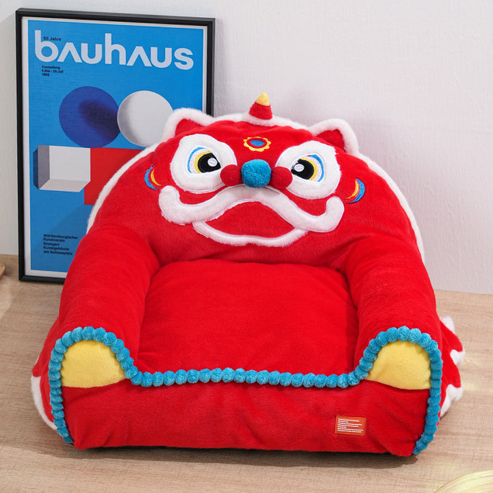 Traditional Chinese Faux Rabbit Fur Napped Fabric Faux Mink Fabric PP Cotton PVC Anti-Slip Dots Plush Decorative Lion Dance Design Cat Bed For Bedroom