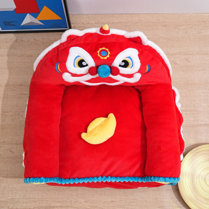 Traditional Chinese Faux Rabbit Fur Napped Fabric Faux Mink Fabric PP Cotton PVC Anti-Slip Dots Plush Decorative Lion Dance Design Cat Bed For Bedroom