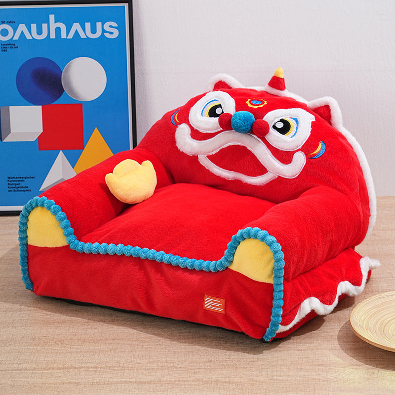 Traditional Chinese Faux Rabbit Fur Napped Fabric Faux Mink Fabric PP Cotton PVC Anti-Slip Dots Plush Decorative Lion Dance Design Cat Bed For Bedroom