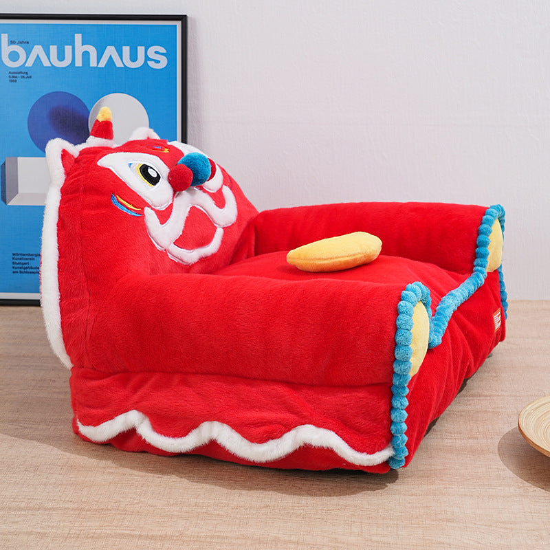Traditional Chinese Faux Rabbit Fur Napped Fabric Faux Mink Fabric PP Cotton PVC Anti-Slip Dots Plush Decorative Lion Dance Design Cat Bed For Bedroom