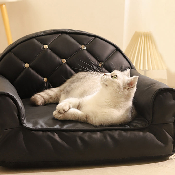 Modern Luxury Faux Leather PP Cotton Nonwoven Fabric Sofa Shaped Cozy Cat Bed For Living Room
