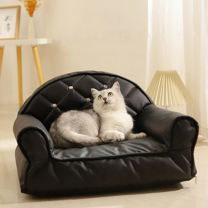 Modern Luxury Faux Leather PP Cotton Nonwoven Fabric Sofa Shaped Cozy Cat Bed For Living Room
