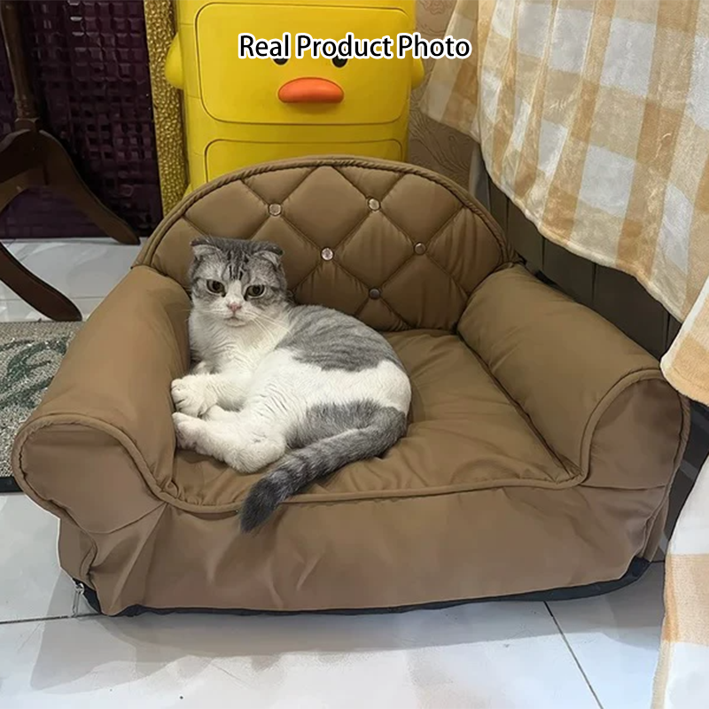 Modern Luxury Faux Leather PP Cotton Nonwoven Fabric Sofa Shaped Cozy Cat Bed For Living Room