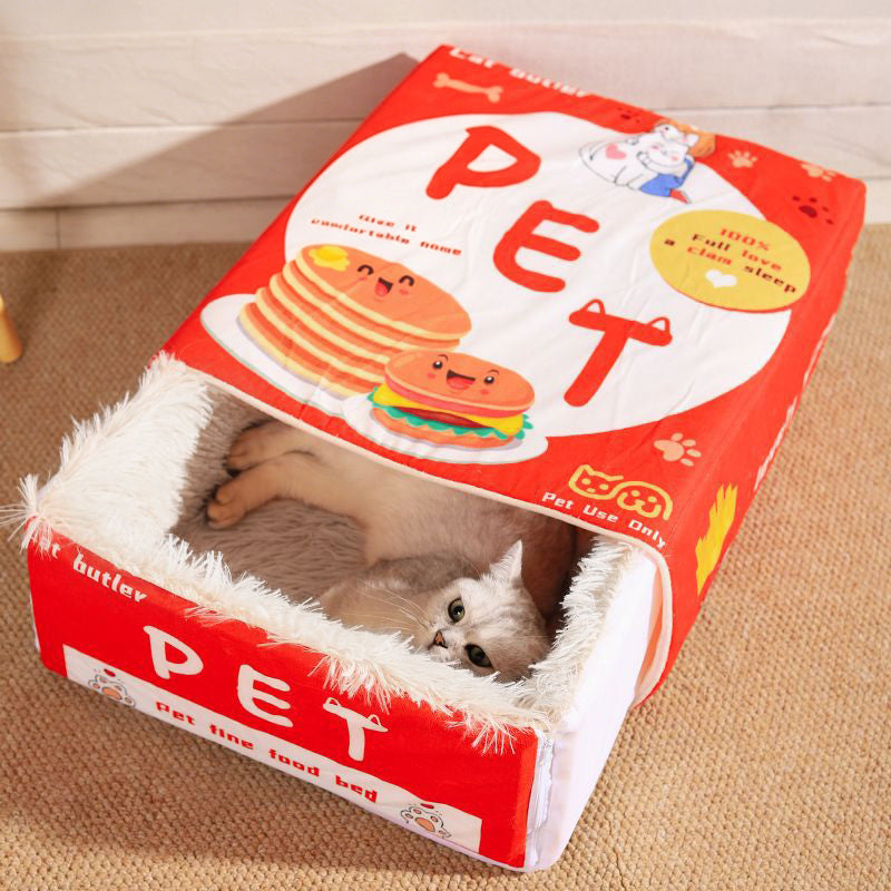Contemporary Creative Printed Imitation Microfiber Fabric Long-Pile Plush Fabric Foam Anti-Slip Bottom Fabric Sponge Decorative Snack Box-Shaped Cat Bed For Living Room