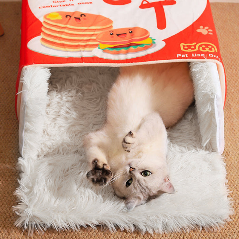 Contemporary Creative Printed Imitation Microfiber Fabric Long-Pile Plush Fabric Foam Anti-Slip Bottom Fabric Sponge Decorative Snack Box-Shaped Cat Bed For Living Room