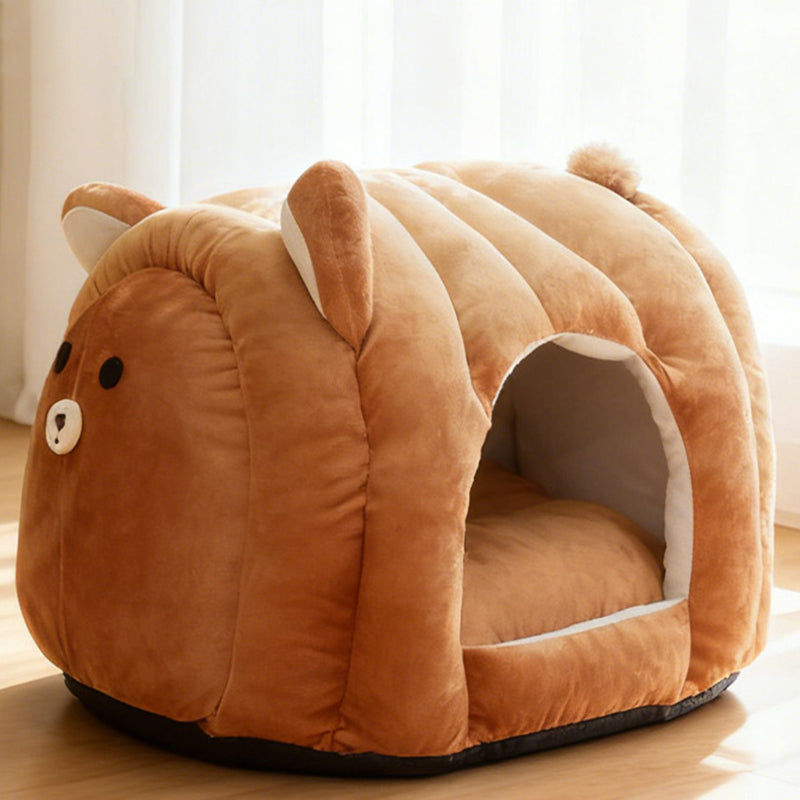 Contemporary Creative Velvet PP Cotton Decorative Plush Bear-Shaped Cozy Enclosed Cat Bed For Living Room
