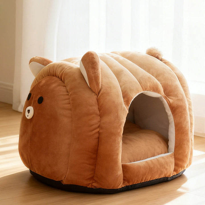 Contemporary Creative Velvet PP Cotton Decorative Plush Bear-Shaped Cozy Enclosed Cat Bed For Living Room