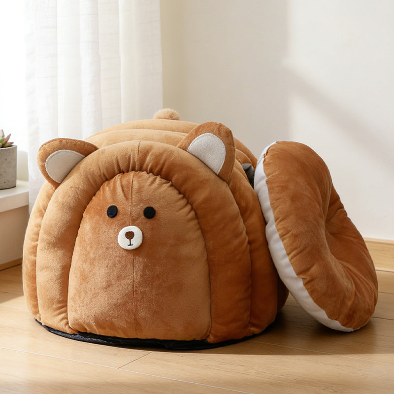 Contemporary Creative Velvet PP Cotton Decorative Plush Bear-Shaped Cozy Enclosed Cat Bed For Living Room