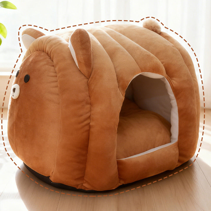 Contemporary Creative Velvet PP Cotton Decorative Plush Bear-Shaped Cozy Enclosed Cat Bed For Living Room