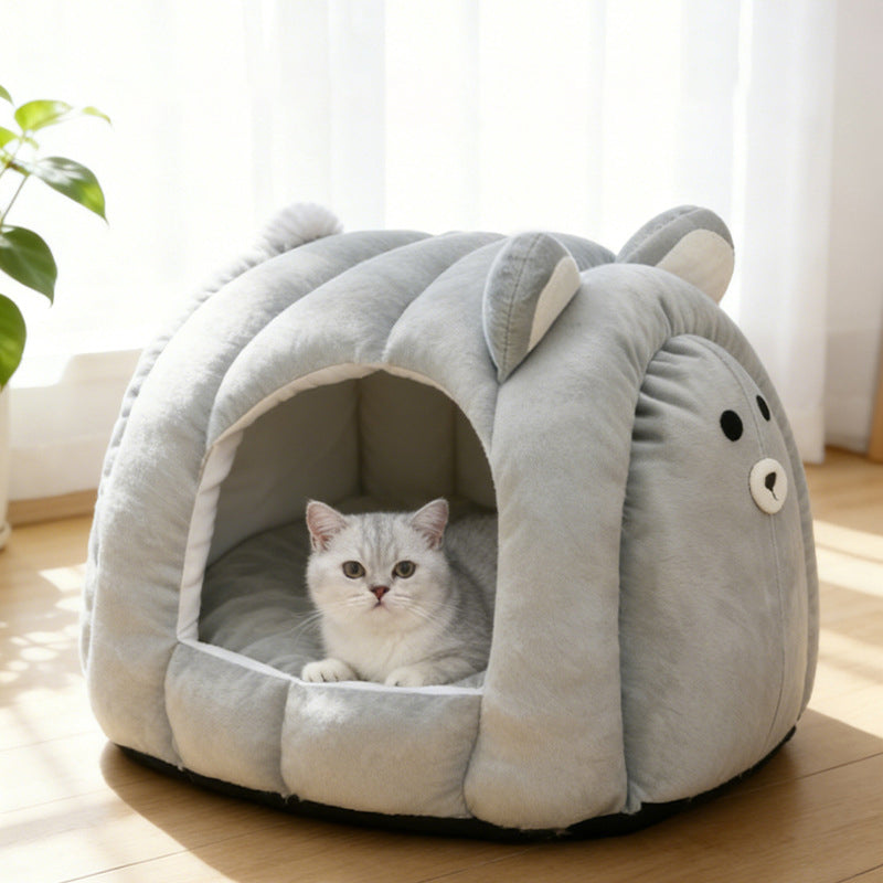 Contemporary Creative Velvet PP Cotton Decorative Plush Bear-Shaped Cozy Enclosed Cat Bed For Living Room
