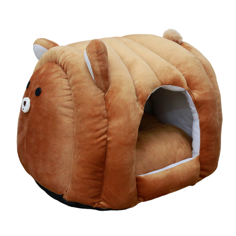Contemporary Creative Velvet PP Cotton Decorative Plush Bear-Shaped Cozy Enclosed Cat Bed For Living Room