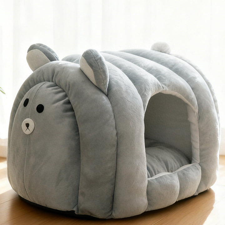 Contemporary Creative Velvet PP Cotton Decorative Plush Bear-Shaped Cozy Enclosed Cat Bed For Living Room