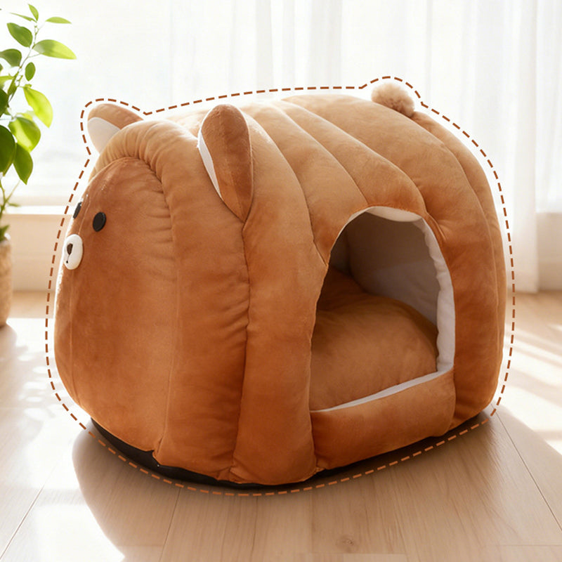 Contemporary Creative Velvet PP Cotton Decorative Plush Bear-Shaped Cozy Enclosed Cat Bed For Living Room
