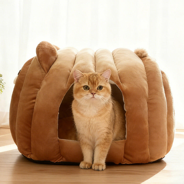 Contemporary Creative Velvet PP Cotton Decorative Plush Bear-Shaped Cozy Enclosed Cat Bed For Living Room