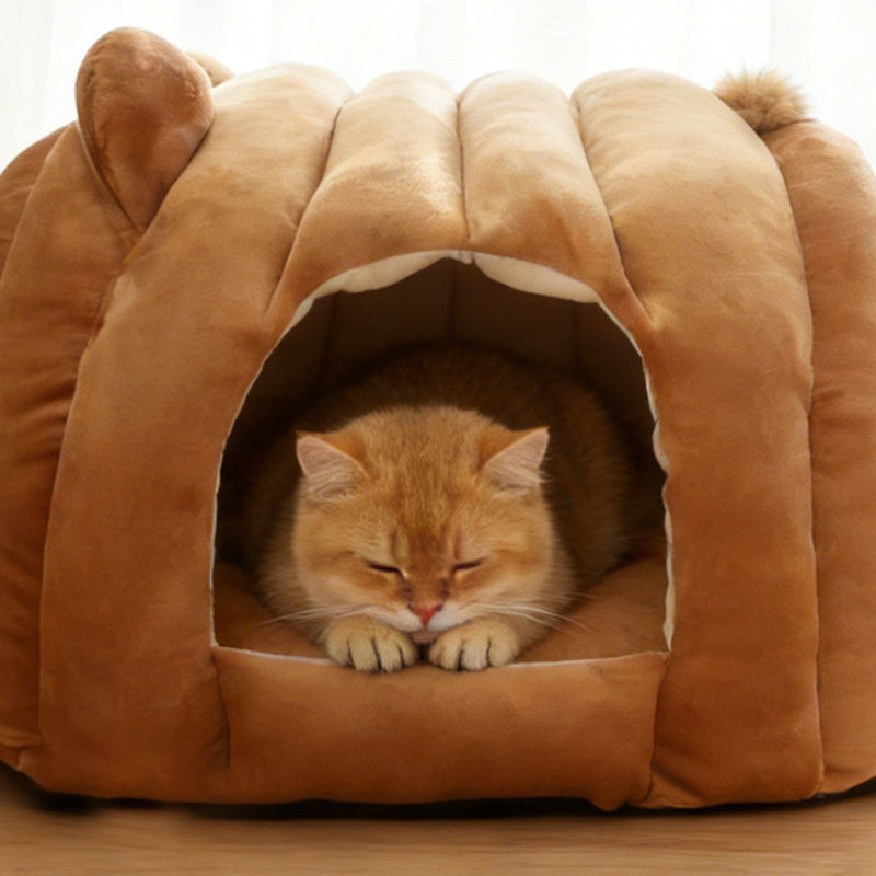 Contemporary Creative Velvet PP Cotton Decorative Plush Bear-Shaped Cozy Enclosed Cat Bed For Living Room