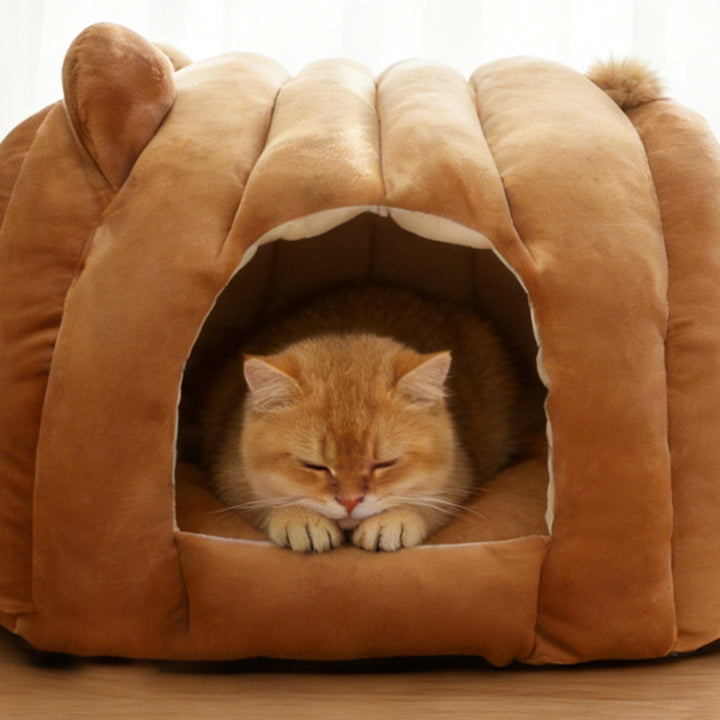 Contemporary Creative Velvet PP Cotton Decorative Plush Bear-Shaped Cozy Enclosed Cat Bed For Living Room