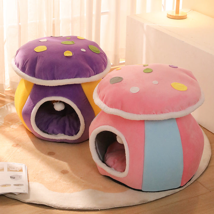 Contemporary Creative Velvet PP Cotton Mushroom Shaped Plush Lightweight Enclosed Cat Bed For Living Room