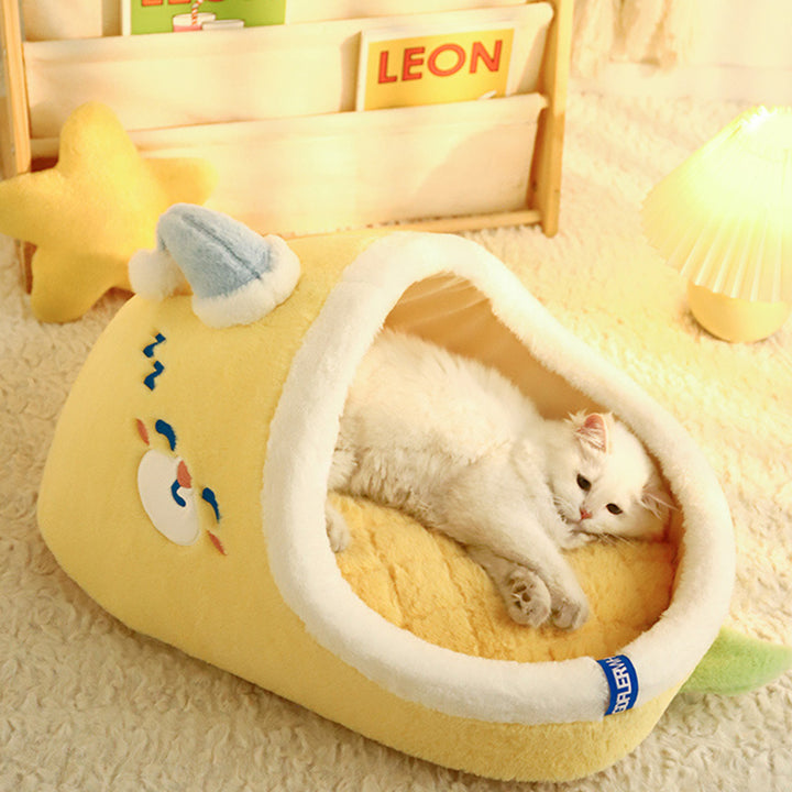 Contemporary Creative Faux Rabbit Fur PP Cotton Spray-Bonded Cotton Mango-Shaped Plush Cat Bed For Living Room