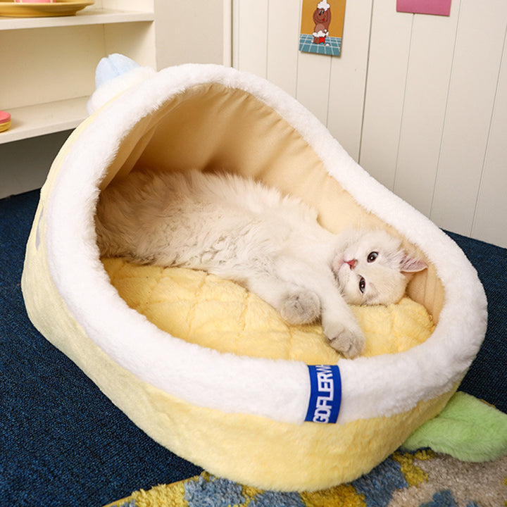 Contemporary Creative Faux Rabbit Fur PP Cotton Spray-Bonded Cotton Mango-Shaped Plush Cat Bed For Living Room