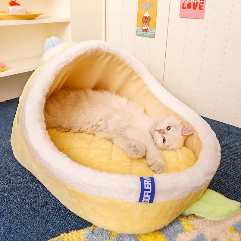 Contemporary Creative Faux Rabbit Fur PP Cotton Spray-Bonded Cotton Mango-Shaped Plush Cat Bed For Living Room