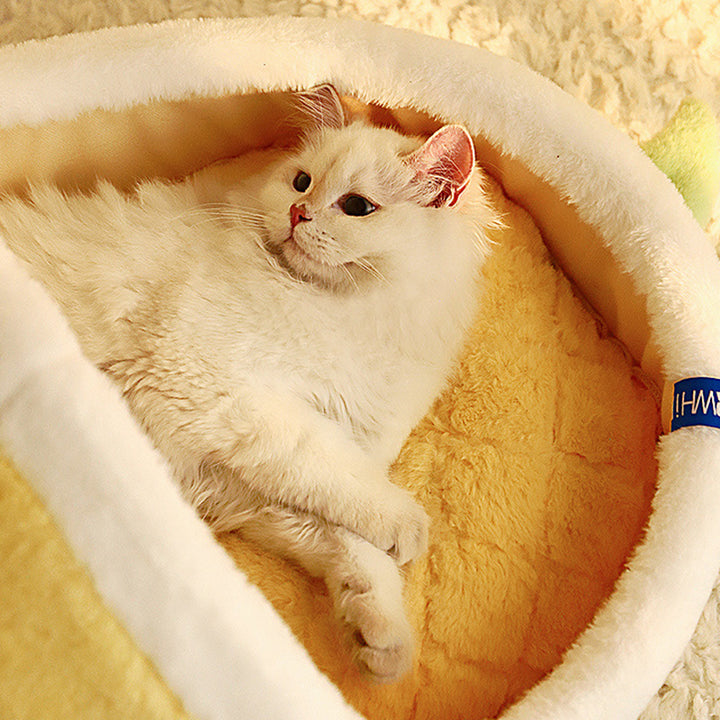 Contemporary Creative Faux Rabbit Fur PP Cotton Spray-Bonded Cotton Mango-Shaped Plush Cat Bed For Living Room