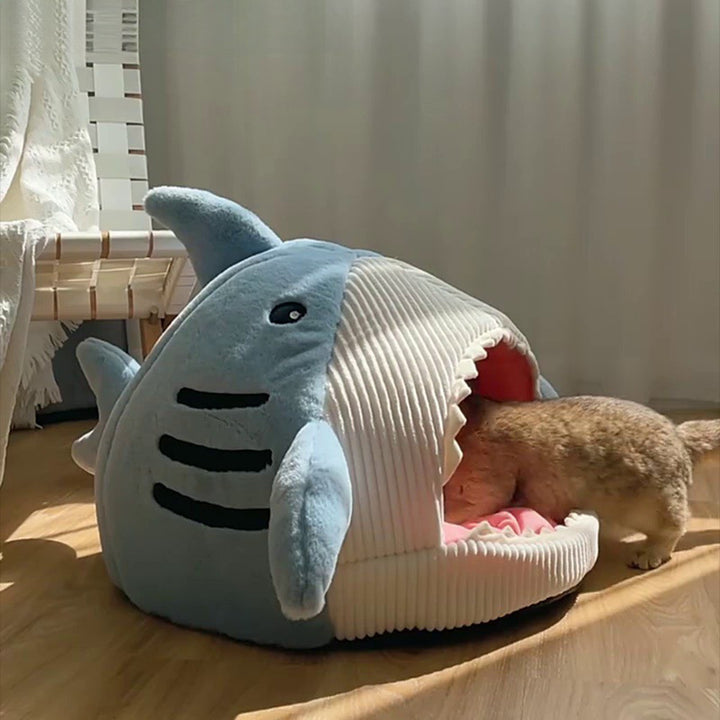Contemporary Creative Velvet Foam Sponge Polyester Wadding Shark-Shaped Cozy Enclosed Decorative Cat Bed For Living Room