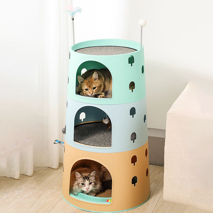 Cama cilíndrica para gatos de 3 niveles de ABS, sisal y fieltro de estilo minimalista moderno con pelota de juguete para sala de estar 
