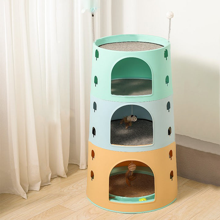Cama cilíndrica para gatos de 3 niveles de ABS, sisal y fieltro de estilo minimalista moderno con pelota de juguete para sala de estar 
