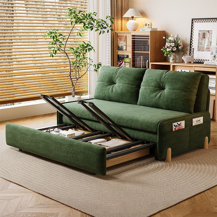 Contemporary Scandinavian Rectangular Corduroy Iron Eucalyptus Wood Leg Bed Folding Convertible Sofa Backrest Armless For Living Room
