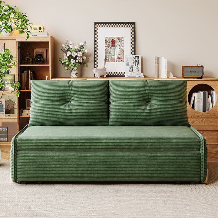 Contemporary Scandinavian Rectangular Corduroy Iron Eucalyptus Wood Leg Bed Folding Convertible Sofa Backrest Armless For Living Room