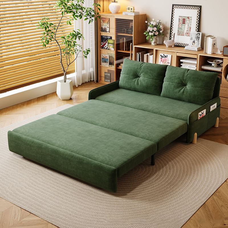 Contemporary Scandinavian Rectangular Corduroy Iron Eucalyptus Wood Leg Bed Folding Convertible Sofa Backrest Armless For Living Room