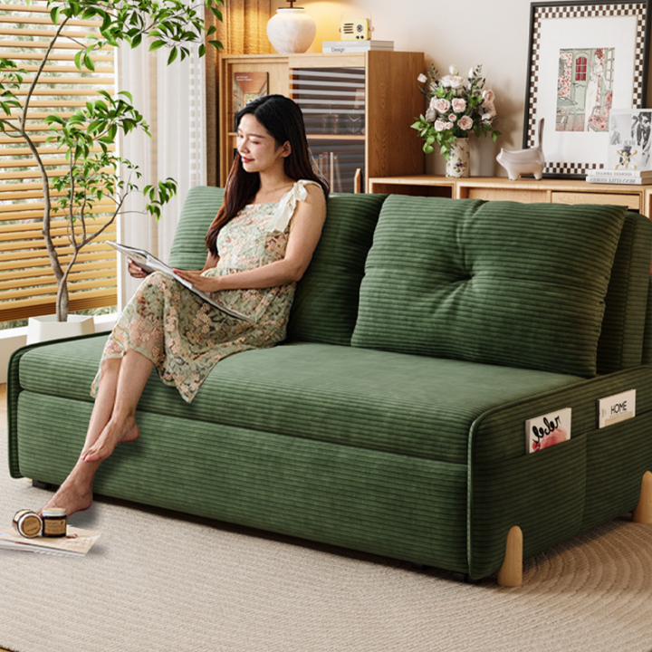 Contemporary Scandinavian Rectangular Corduroy Iron Eucalyptus Wood Leg Bed Folding Convertible Sofa Backrest Armless For Living Room