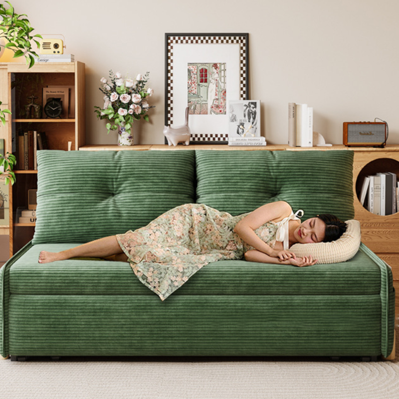 Contemporary Scandinavian Rectangular Corduroy Iron Eucalyptus Wood Leg Bed Folding Convertible Sofa Backrest Armless For Living Room