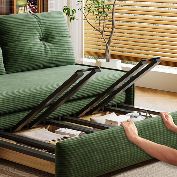 Contemporary Scandinavian Rectangular Corduroy Iron Eucalyptus Wood Leg Bed Folding Convertible Sofa Backrest Armless For Living Room
