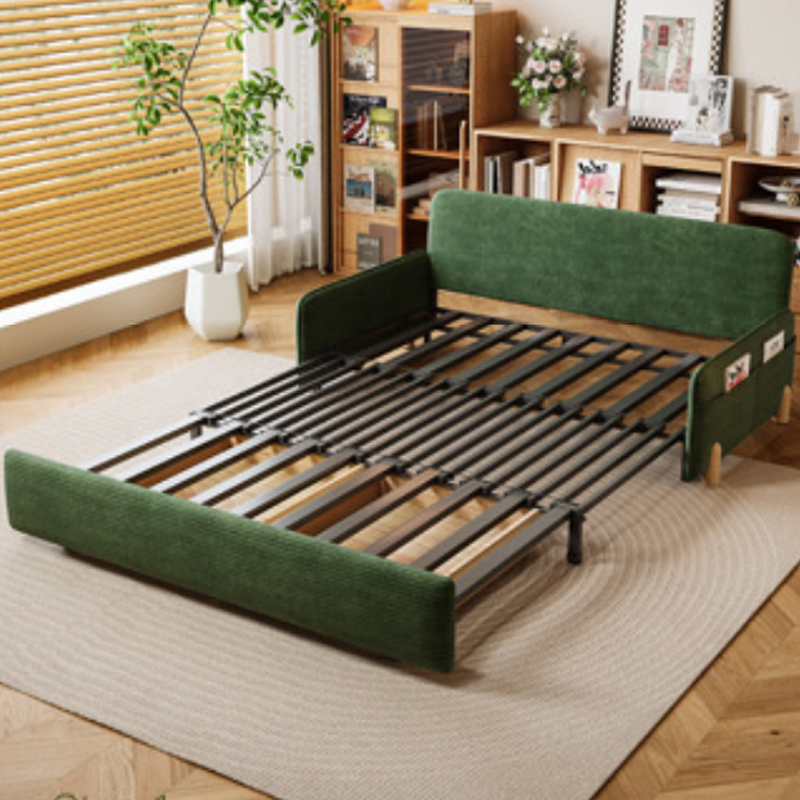 Contemporary Scandinavian Rectangular Corduroy Iron Eucalyptus Wood Leg Bed Folding Convertible Sofa Backrest Armless For Living Room