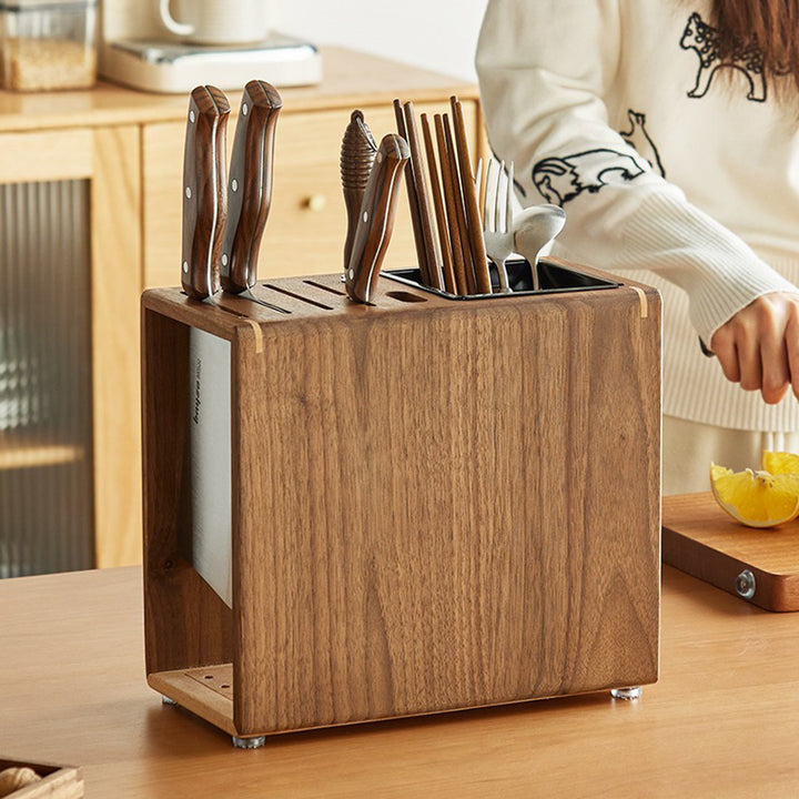 Modern Minimalist Rectangular Black Walnut Nauclea Wood Knife Holder For Kitchen